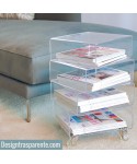 Bedside table magazine rack serving trolley in transparent acrylic.