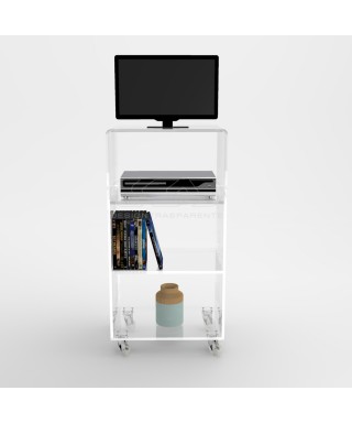50x50 Acrylic clear rolling TV stand with holder objects.