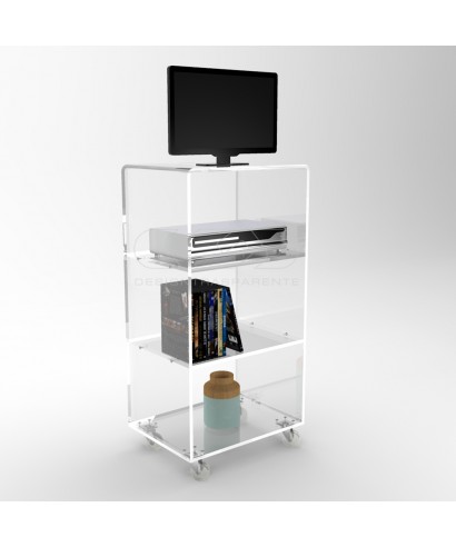 Mueble TV plasma 50x50 en metacrilato transparente ruedas y estantes.