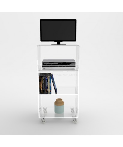 55x30 Acrylic clear rolling TV stand with holder objects
