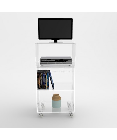 Carrello TV 55x30 mobile in plexiglass trasparente, ruote e ripiani.