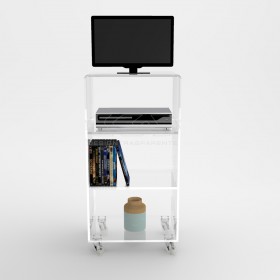 Carrello TV 55x30 mobile in plexiglass trasparente, ruote e ripiani.