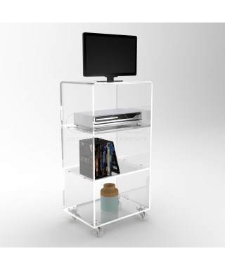 Carrello TV 55x30 mobile in plexiglass trasparente, ruote e ripiani.