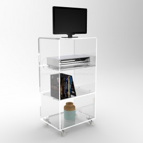 Carrello TV 55x30 mobile in plexiglass trasparente, ruote e ripiani.