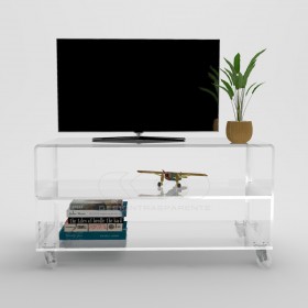 55x50 Acrylic clear rolling TV stand with holder objects.