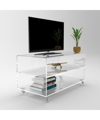 55x50 Acrylic clear rolling TV stand with holder objects.