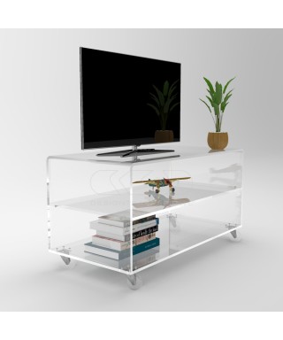 Mueble TV plasma 60x30 en metacrilato transparente ruedas y estantes.