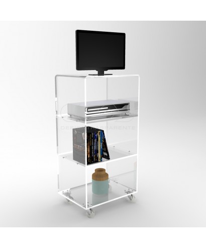Carrello TV 65x40 mobile in plexiglass trasparente, ruote e ripiani.