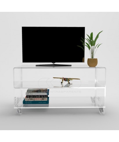 Mueble TV plasma 75x30 en metacrilato transparente ruedas y estantes.