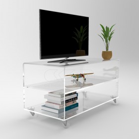 Mueble TV plasma 90x50 en metacrilato transparente ruedas y estantes.