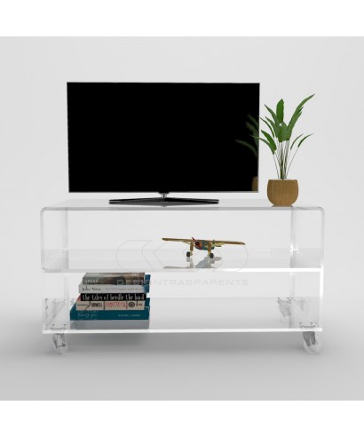 Mueble TV plasma 90x50 en metacrilato transparente ruedas y estantes.