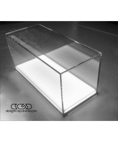 Teca LED plexiglass 10x10h10 con base bianca illuminata e stampa logo.