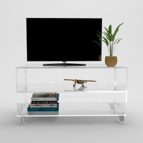 Carrello TV 100x50 mobile in plexiglass trasparente, ruote e ripiani.