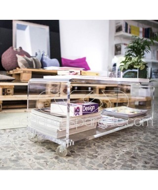 Carrello TV 85x30 mobile in plexiglass trasparente, ruote e ripiani.