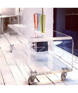 Carrello TV 85x30 mobile in plexiglass trasparente, ruote e ripiani.