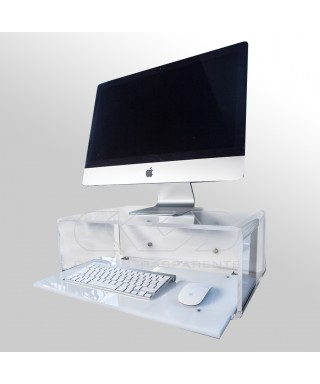Wall-mount clear acrylic suspended desk for iMac 21 and 24.