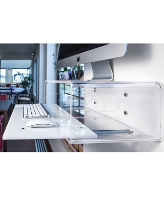 Wall-mount clear acrylic suspended desk for iMac 21”