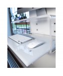 Wall-mount clear acrylic suspended desk for iMac 21 and 24.
