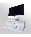 Wall-mount clear acrylic suspended desk for iMac 24 and 27.