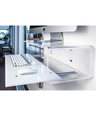 Wall-mount clear acrylic suspended desk for iMac 24 and 27.