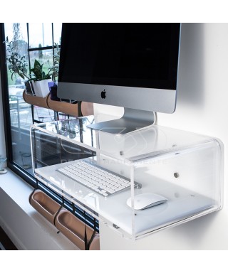 Wall-mount clear acrylic suspended desk for iMac 24 and 27