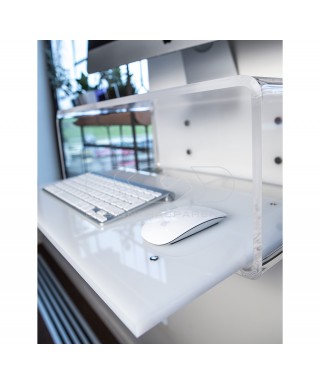 Wall-mount clear acrylic suspended desk for iMac 24 and 27.