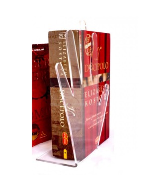 Sujeta libros de metacrilato transparente con forma de mano.