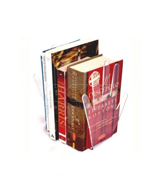 Sujeta libros de metacrilato transparente con forma de mano.