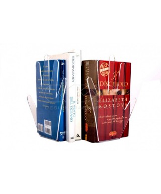 Sujeta libros de metacrilato transparente con forma de mano.