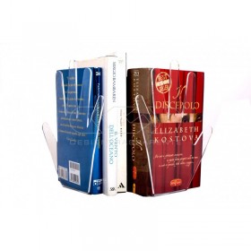 Mano reggilibro in plexiglass trasparente.