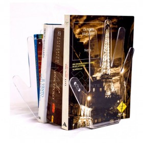 Mano reggilibro in plexiglass trasparente.