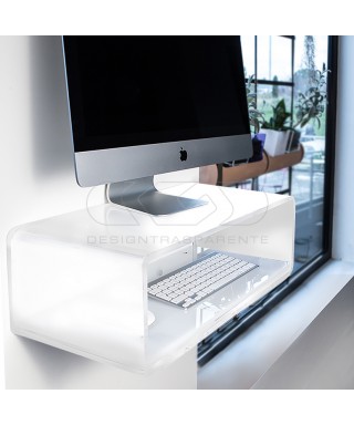 Wall-mount white acrylic suspended desk for iMac 21 and 24.