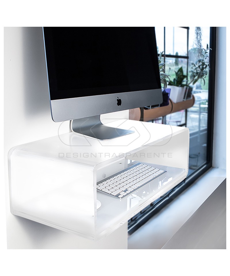Wall-mount white acrylic suspended desk for iMac 21 and 24