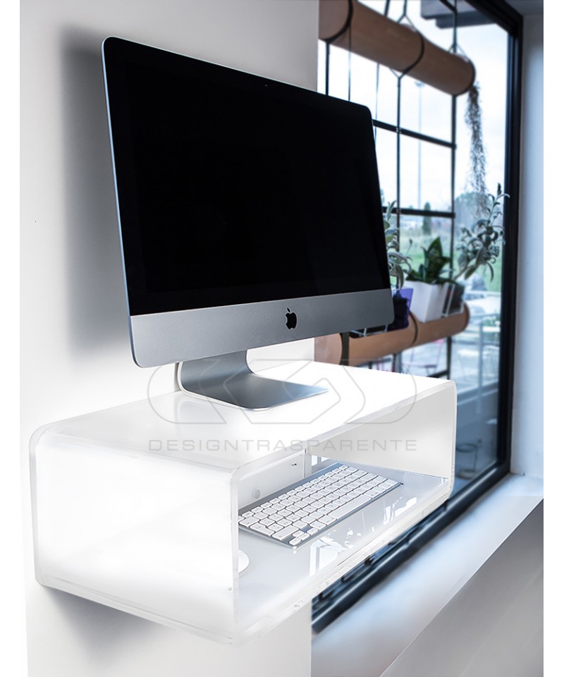 Consolle salvaspazio iMac 21 e 24 scrittoio sospeso in plex bianco.