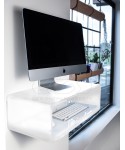 Wall-mount white acrylic suspended desk for iMac 24 and 27.
