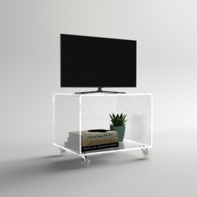 Carrello TV 50x30 mobile in plexiglass trasparente, ruote e ripiani.