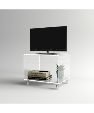 55x30 Acrylic clear rolling TV stand with holder objects.
