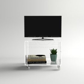 60x30 Acrylic clear rolling TV stand with holder objects.