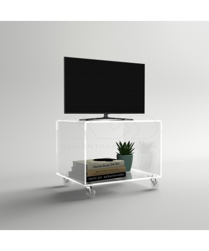 Carrello TV 65x30 mobile in plexiglass trasparente, ruote e ripiani.