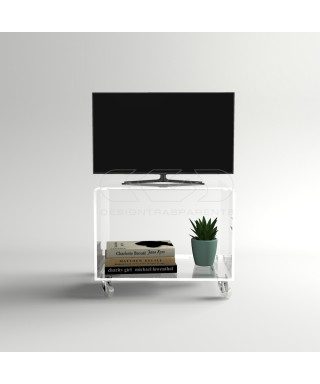 Carrello TV 65x50 mobile in plexiglass trasparente, ruote e ripiani.
