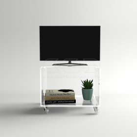 Carrello TV 65x50 mobile in plexiglass trasparente, ruote e ripiani.