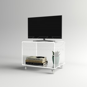 Carrello TV 65x50 mobile in plexiglass trasparente, ruote e ripiani.