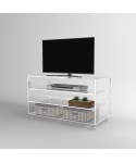 75x30 Acrylic clear rolling TV stand with holder objects.