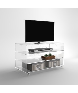 Carrello TV 90x30 mobile in plexiglass trasparente, ruote e ripiani.