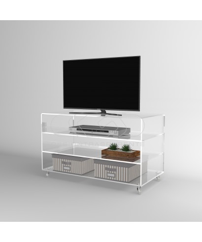 Carrello TV 90x30 mobile in plexiglass trasparente, ruote e ripiani.