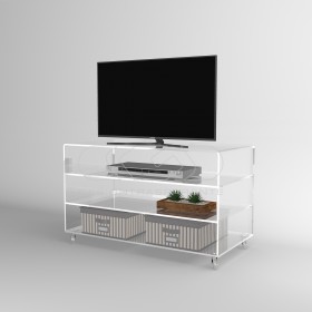 Carrello TV 90x30 mobile in plexiglass trasparente, ruote e ripiani.
