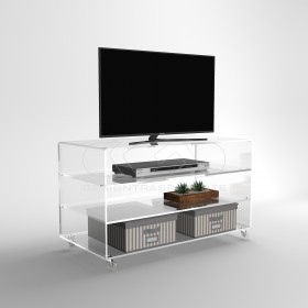 Carrello TV 100x30 mobile in plexiglass trasparente, ruote e ripiani.