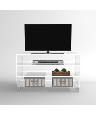 Carrello TV 100x30 mobile in plexiglass trasparente, ruote e ripiani.