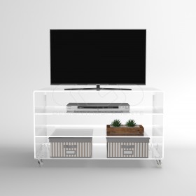 Carrello TV 100x30 mobile in plexiglass trasparente, ruote e ripiani.