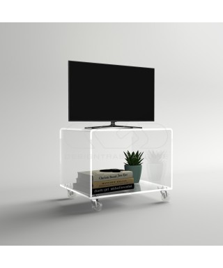 Carrello TV 85x30 mobile in plexiglass trasparente, ruote e ripiani.